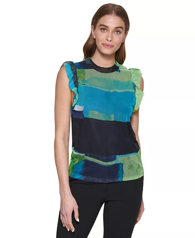 DKNY Women's Printed Blue & Green Jewel-Neck Flutter-Sleeve Top Sz S