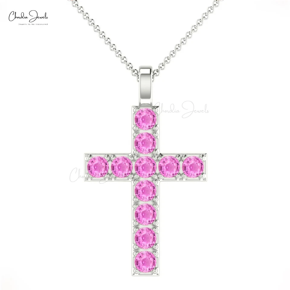 2mm Round Pink Sapphire Religious Cross Christmas Pendant 14k Pure Gold Jewelry - Image 3 of 4