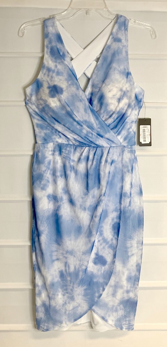 guess blue and white dress Guess Blue and White Sheath Dress with Flutter Cap Sleeves