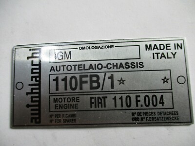 Nameplate ID Plate Chassis Autobianchi Bianchina 110 FB/1 Convertible Plate S65 