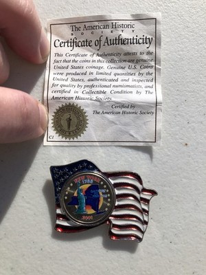 2001 Colorized New York Quarter Flag Lapel Pin With Pledge of Allegiance on Back