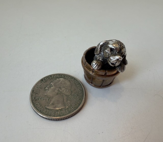 tiny miniature mixed metal 800 silver sculpture, Puppy in Barrel, Saturno Italy
