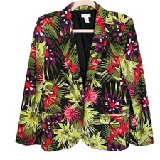 Chicos Blazer Size 1 M Tropical Floral Print Palm Leaf Button Jacket Travel