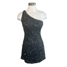 Sherri Hill Black Sequin One Shoulder Short Formal Dress Sz 8