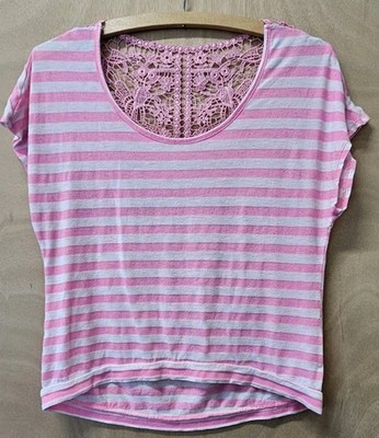 Eye Shadow, JR Size Large Top, Bright Pink and Off White Stripes,Emroidered Back