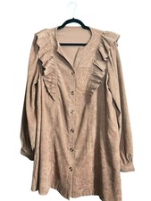 Shein Corduroy Button Up Dress with Ruffles Brown Women Size XL New Without Tags