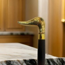 Vintage Brass Duck Handle Walking Stick Cane Multi-Wood Turned Collectible