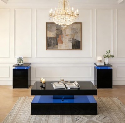 3-Piece Modern Living Room Table Set 47 in LED Coffee Table 2 End Tables Storage