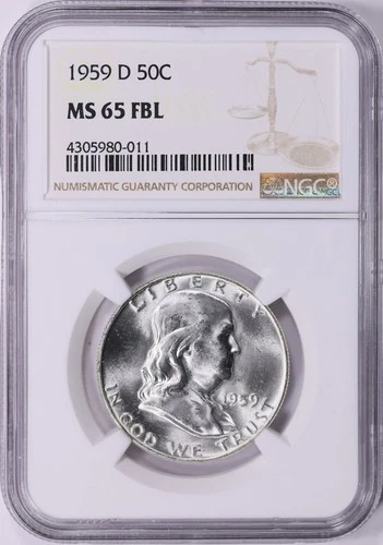 1959 D Franklin Half NGC MS65 FBL Brilliant White