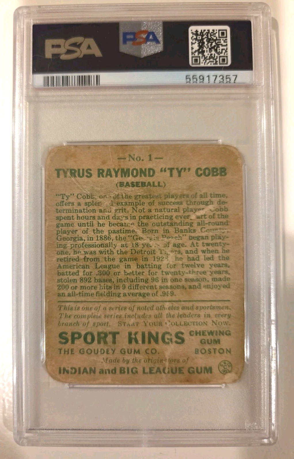 1933 Goudey Sport Kings Gum - Ty Cobb #1 - PSA 1 - Detroit Tigers view 2