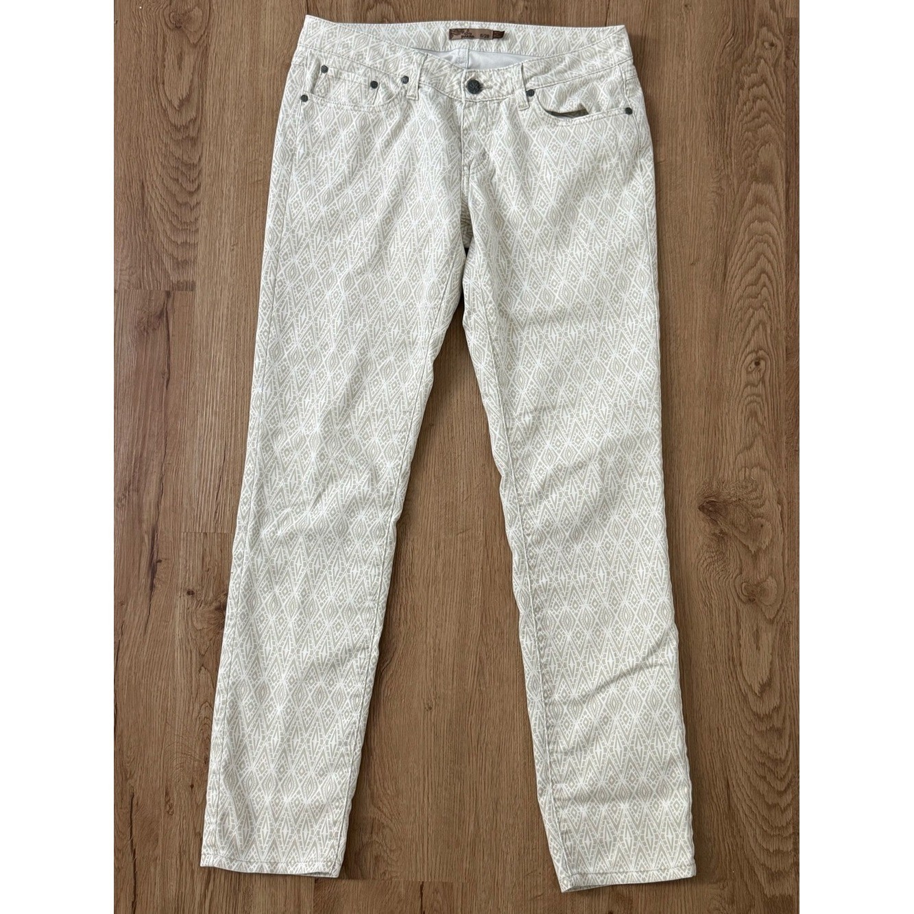 Prana Women's Kara Stone Diamond Skinny Jeans Organic Cotton Cream Tan Size 6/28