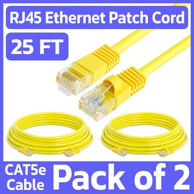 2 Pack Yellow Cat5e Ethernet Patch Cable 25ft RJ45 Network Cord Internet Wire