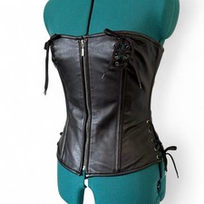Black Genuine Leather Overbust Corset Lace Up Boned Gothic Bustier Top