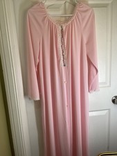 Vtg 60s 70s Pink Nylon Button Maxi Lounge Robe LONG Embroidered Large