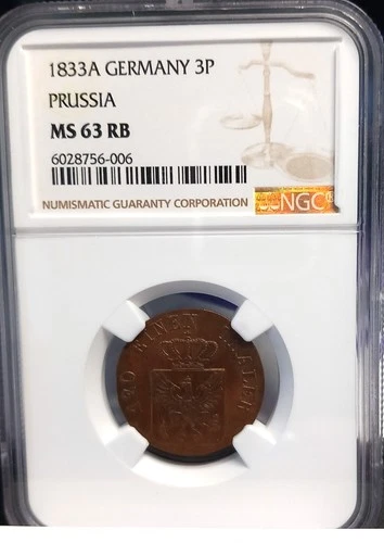 GERMANY PRUSSIA 1833A 3 PFENNIG MS 63 RB NGC