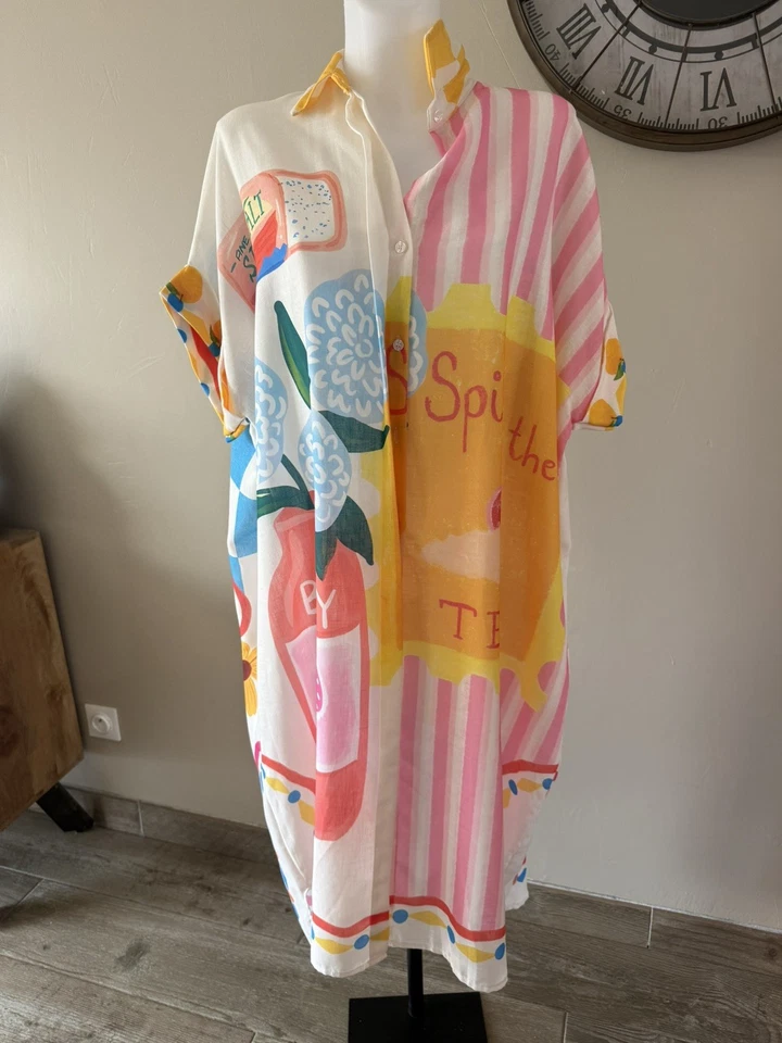 Robe chemise oversize Made in Italy lin & coton 40/48 perroquet - Photo 2/2