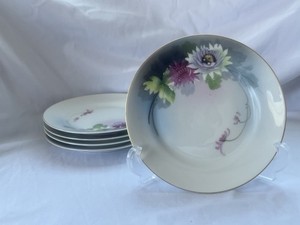 Noritake brand painted plates, lotus/waterlily print in pink and white, set of 5