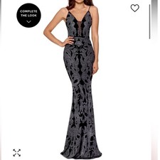 Betsy Adam Women Black Silver Glitter Formal Gown Gala Proms Bodice Sleek HOCO