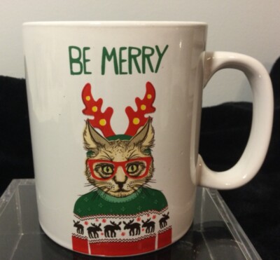 Hip Holiday Be Merry Cat in Sweater and Glasses Mug