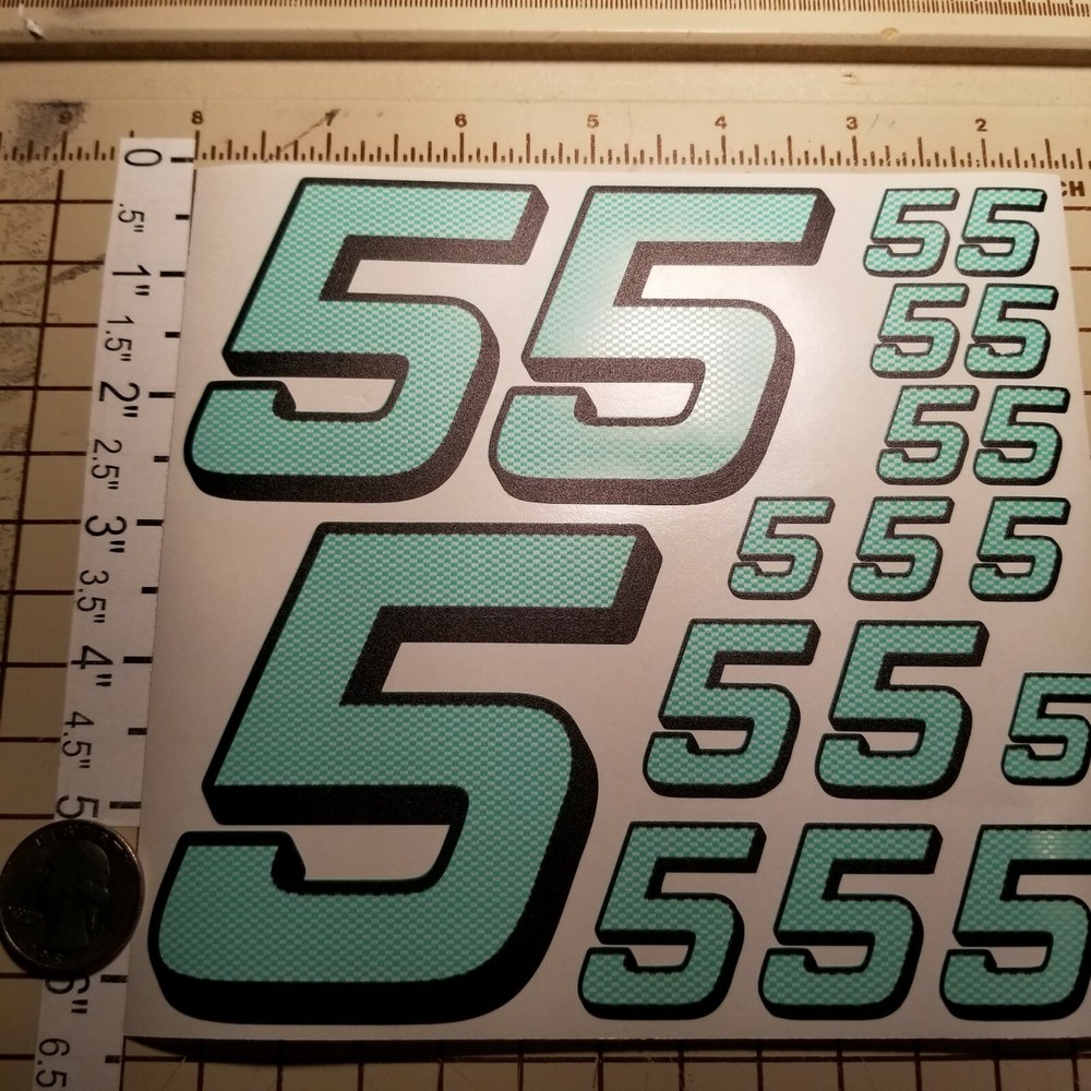 Carbon Fiber White w/Teal #5's  Racing Numbers Vinyl Decal Sheet 1/10-1/12 slash