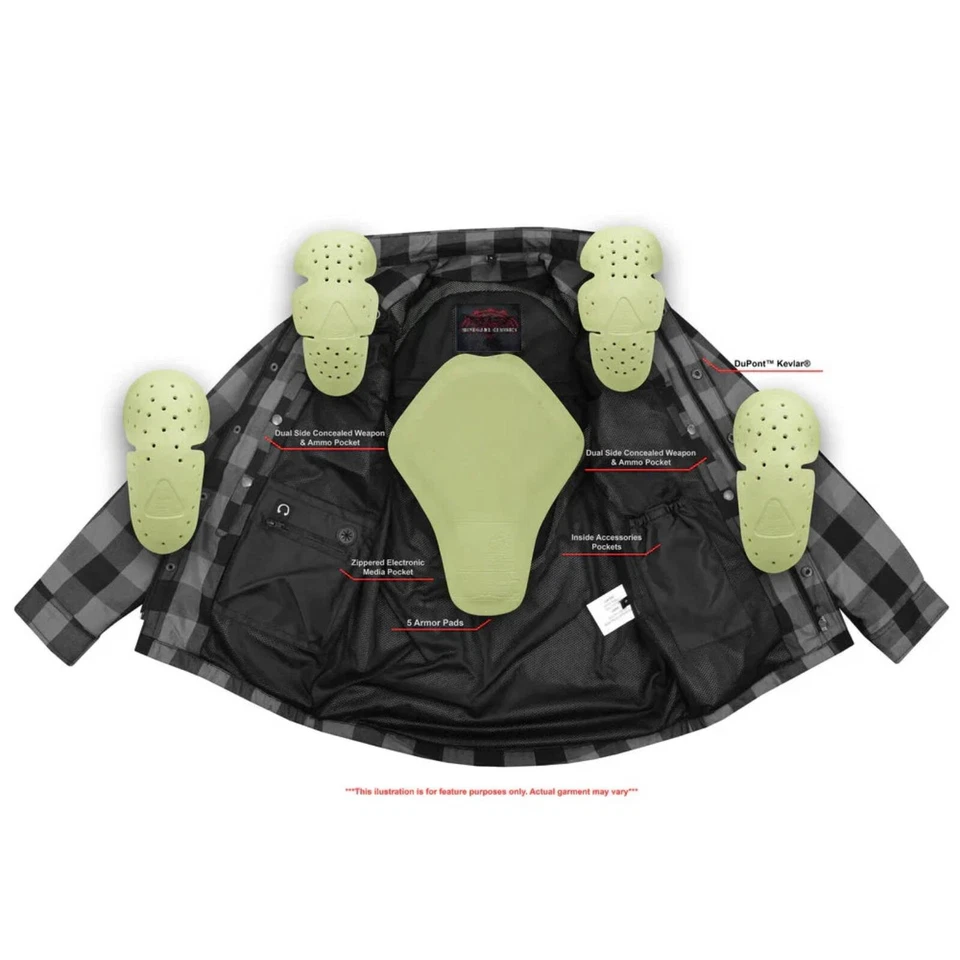 Men's Motorcycle Biker CE Armored Flannel Shirt with 2 Conceal Gun Pockets Grey - Image 4 of 4