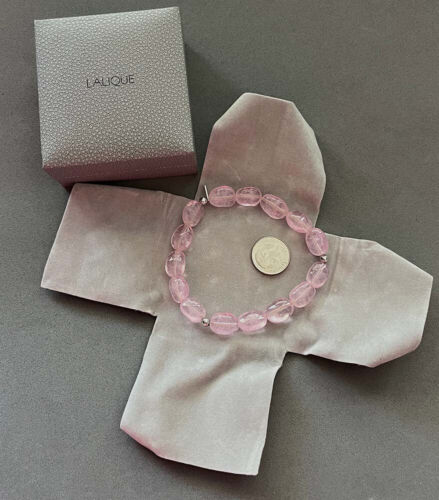 Pulsera Elástica LALIQUE Cuentas de Cristal de Cristal Rosa Guijarros Etiqueta de Plata Esterlina Nueva en Caja - Imagen 2 de 5