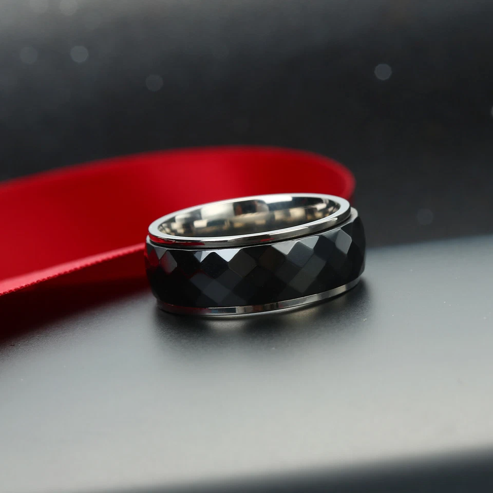 Anillo giratorio inquieto de cerámica de titanio con corte de diamante para hombre alianzas de boda Foto 4 de 4