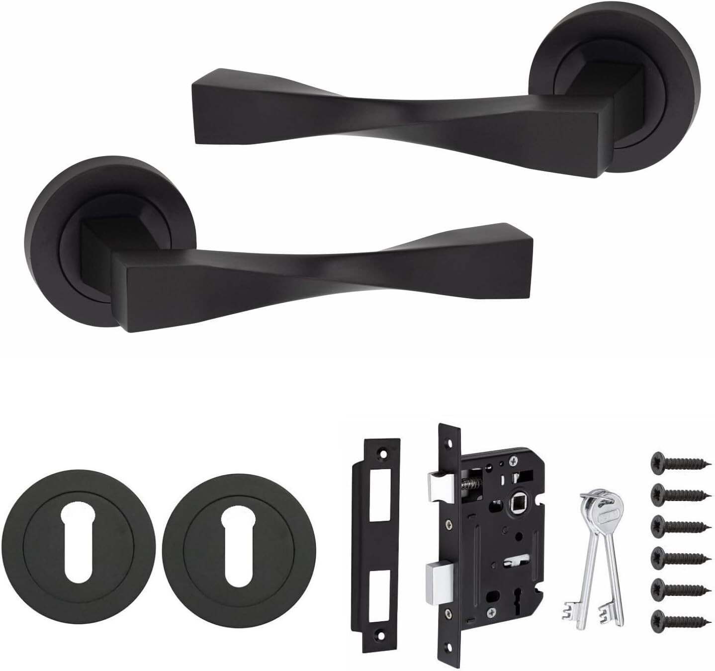 1 Pair Matt Black Astrid Twist Design Mortise Lock And Key Hole on Round Rose