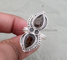 Natural Smoky Quartz Pear Double Stone 925 Sterling Silver Engraved Ring Gift