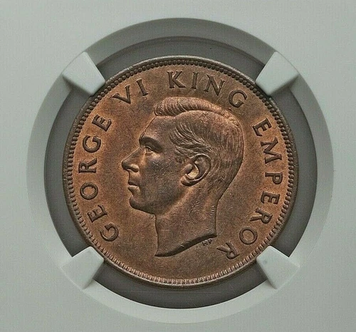 1942 NEW ZEALAND GEORGE VI BRONZE PENNY NGC MS-64 RED AND BROWN KM13