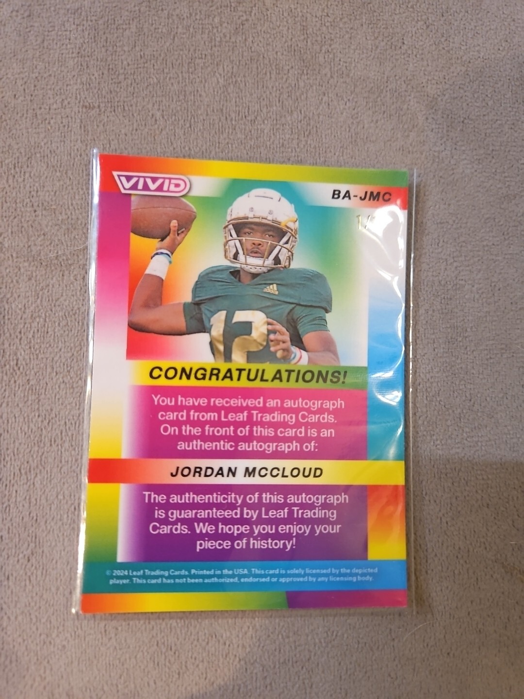 2024 Leaf Vivid Football Jordan McCloud Auto 1/1 Blue Laser 🔥 NFL PROSPECT MINT view 4