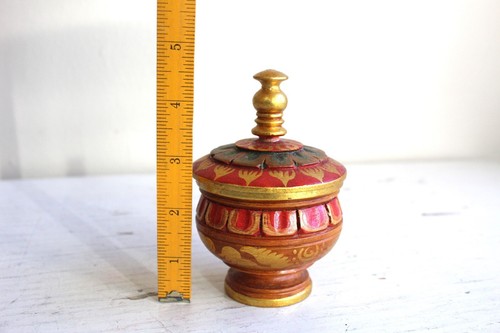 Hand Painted Round Wood Jar Trinket Treasure Box Gold Red Tibetan Style Wooden - Picture 6 of 6