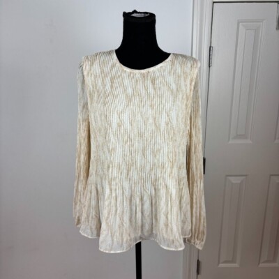 Halogen Pleated Textured Blouse Women's Size Medium Beige White Long Sleeve Top