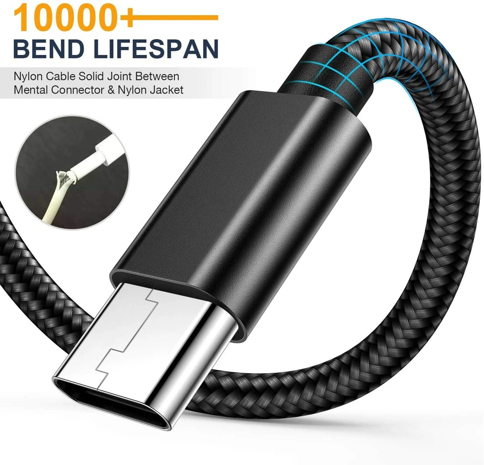 Cable cargador trenzado USB a tipo C carga rápida datos sincronización cable 3/6/10 pies de largo Foto 3 de 4