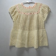 Vintage Hand Crochet Baby Dress Cream Color with Pink Ribbon 3-6 Mos