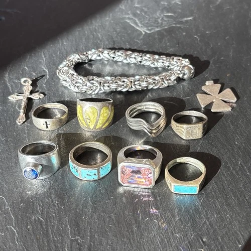 Sterling Silver Jewelry Lot All Vintage Wear Scrap Rings Bracelet Crosses 100g