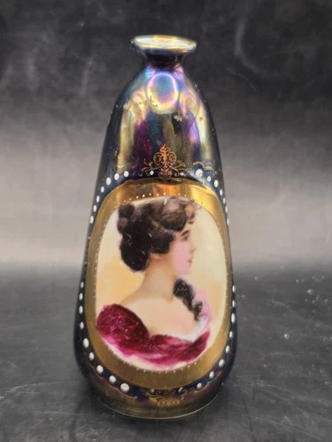 Antique Portrait Vase Beautiful Woman Lady Blue Gilt Gold Nouveau Porcelain