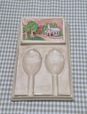 Vintage 1980s Double Spoon Rest with Country Church Scene, Hand Painted Ceramics