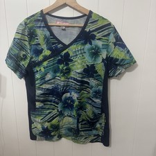 Koi Kathy Peterson Scrub Top Women L Nurse Medical Floral Tropical V-Neck Pocket