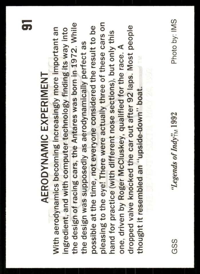 Aerodynamic Experiment 1991 Indy Racing Card #91 (NM) - Image 2 of 2