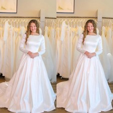 Simple Satin Wedding Dresses Long Sleeves Sweep Train Scoop Neck Bridal Gowns