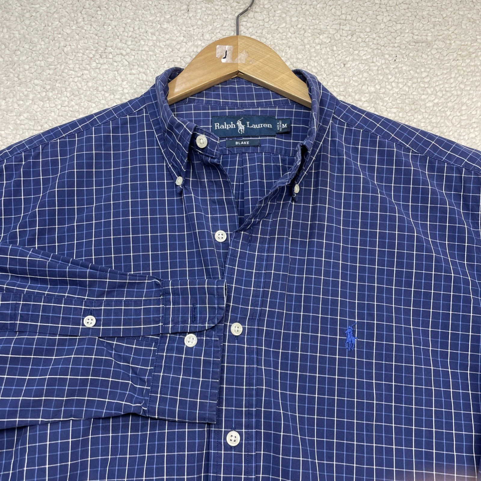 Ralph Lauren Button Down Mens M Blue Check Blake Long Sleeve Grid Cotton Shirt