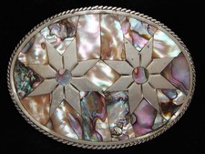PA09172 VINTAGE 1970s TWO STARS ABALONE SOUTHWESTERN DESIGN ART BELT BUCKLE