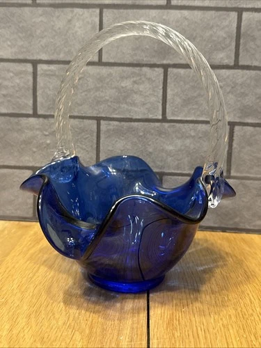 Fenton Cobalt Blue Art Glass Basket Clear  Handle