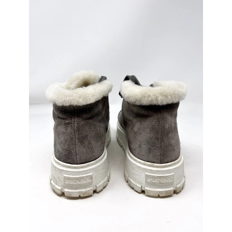 Prada Gray Suede Shearling Lined Platform Hi-Top Sneaker Boot Triangle Logo  37  - Image 3 of 4