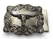 Western Longhorn Steer Belt Buckle Silver Tone Ornate Scroll Cowboy