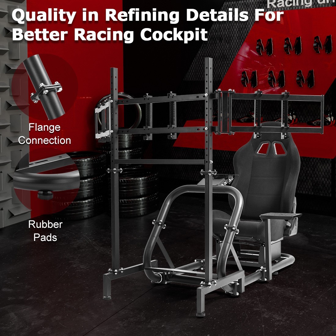 Zootopo Racing Sim Cockpit With Black Seat & Triple TV Stand Fits Thrustmaster