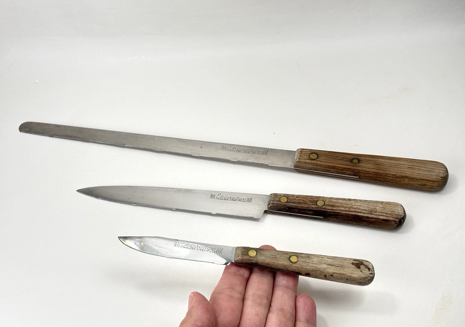 Vintage Ekcoedge Stainless Steel Wood Handle Serrated Knifes Set Of 3