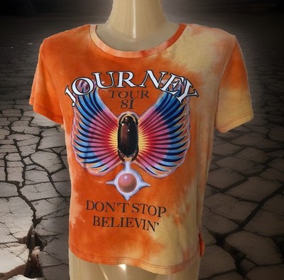 Journey  Don't Stop Believin' Crop Top T-Shirt Juniors Sz Large Orange Tie Dye