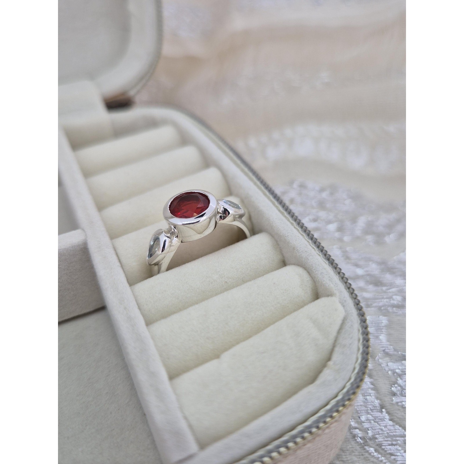 Mexican Fire Opal & Aquamarine Silver Statement Ring Size R image 10